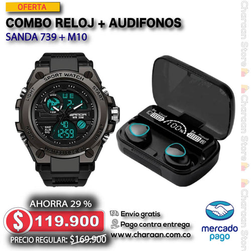 COMBO DEPORTIVO RELOJ SANDA 739 + AUDIFONOS M10